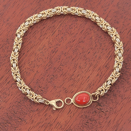 Small Silver and Gold Chain Bracelet with Coral