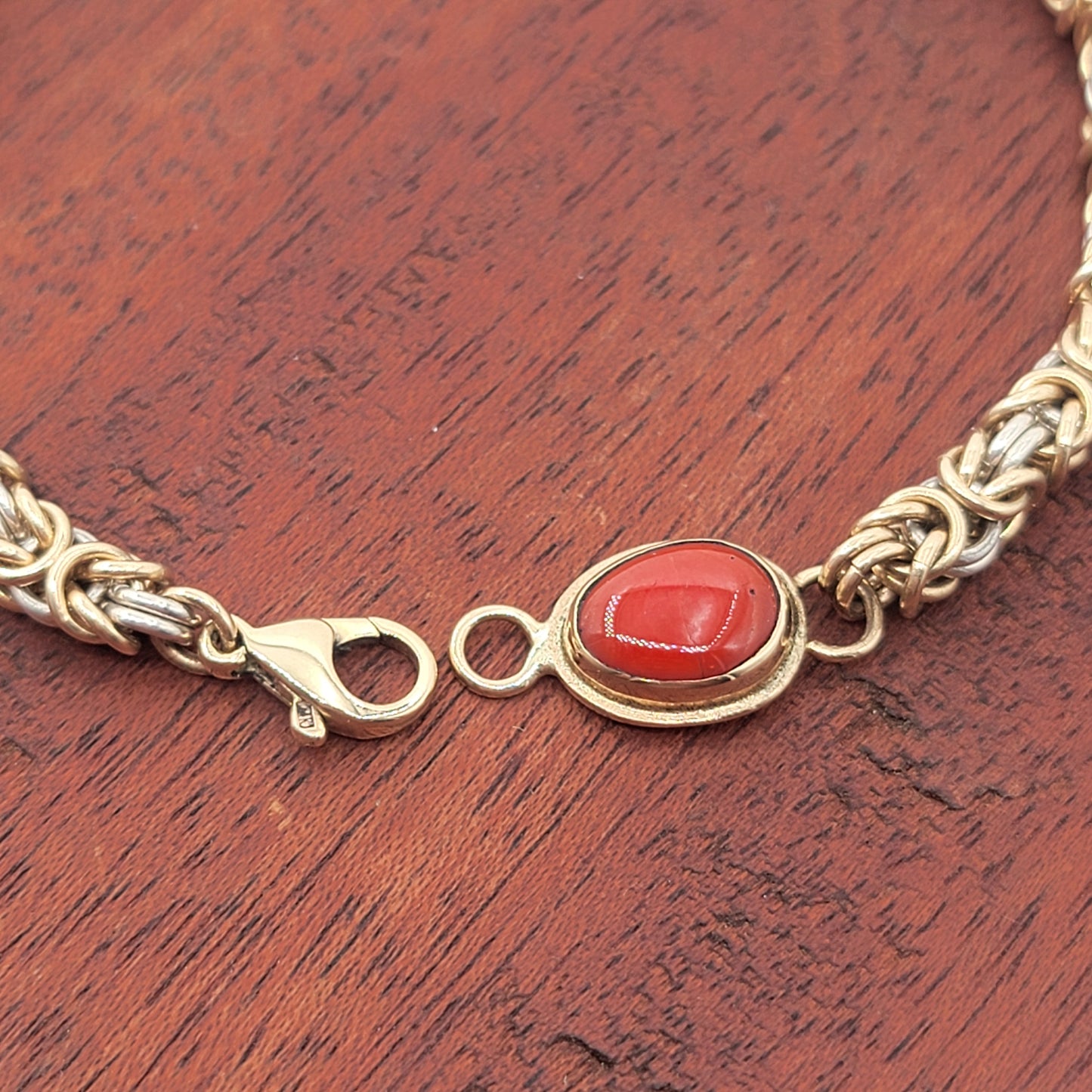 Small Silver and Gold Chain Bracelet with Coral
