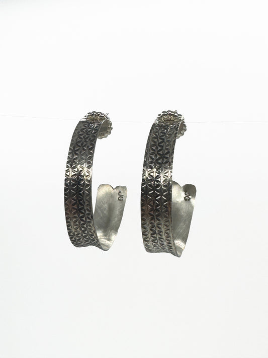 Round Narrow Tapered Diamond Texture Hoops