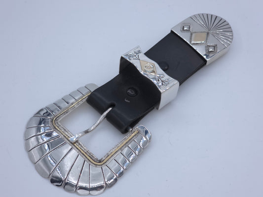 Sunrise Design Belt Buckle, Keeper and Tip with 14k Gold