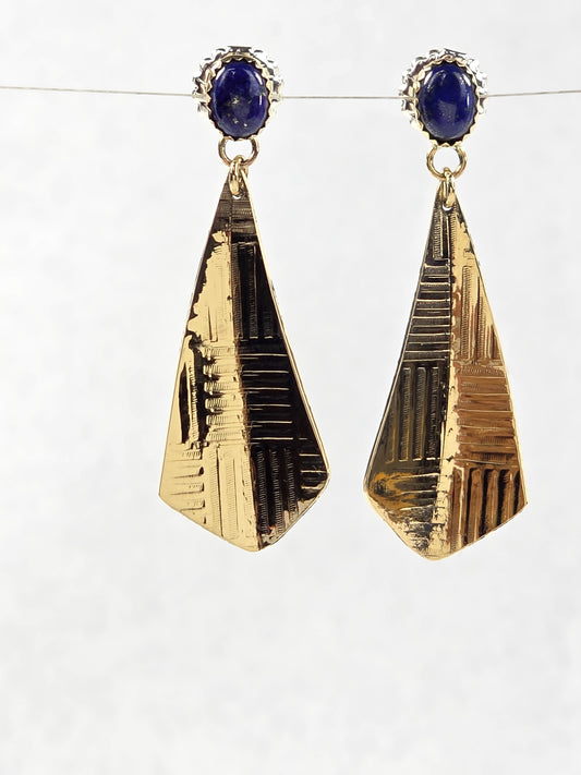 Dangle post earrings 14k gold with Afghan Lapis